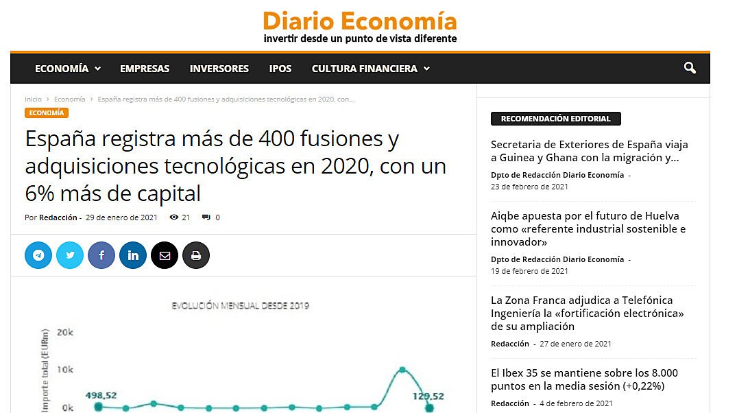 Espaa registra ms de 400 fusiones y adquisiciones tecnolgicas en 2020, con un 6% ms de capital